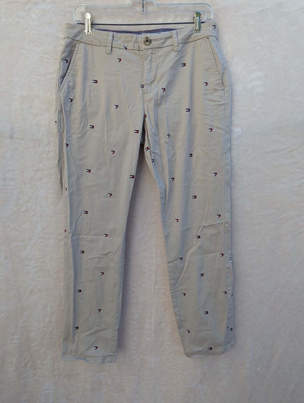 Tommy Hilfiger Women's Beige Chino Pants with All-Over Flag Logo Embroidery